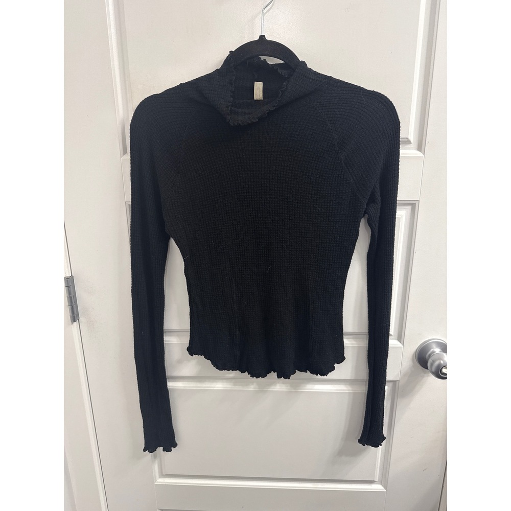 Intimately Free People Black Waffle Knit Mock Neck Lettuce Edge Thermal Top XS‎